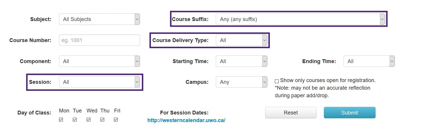 Summer Timetable Filters